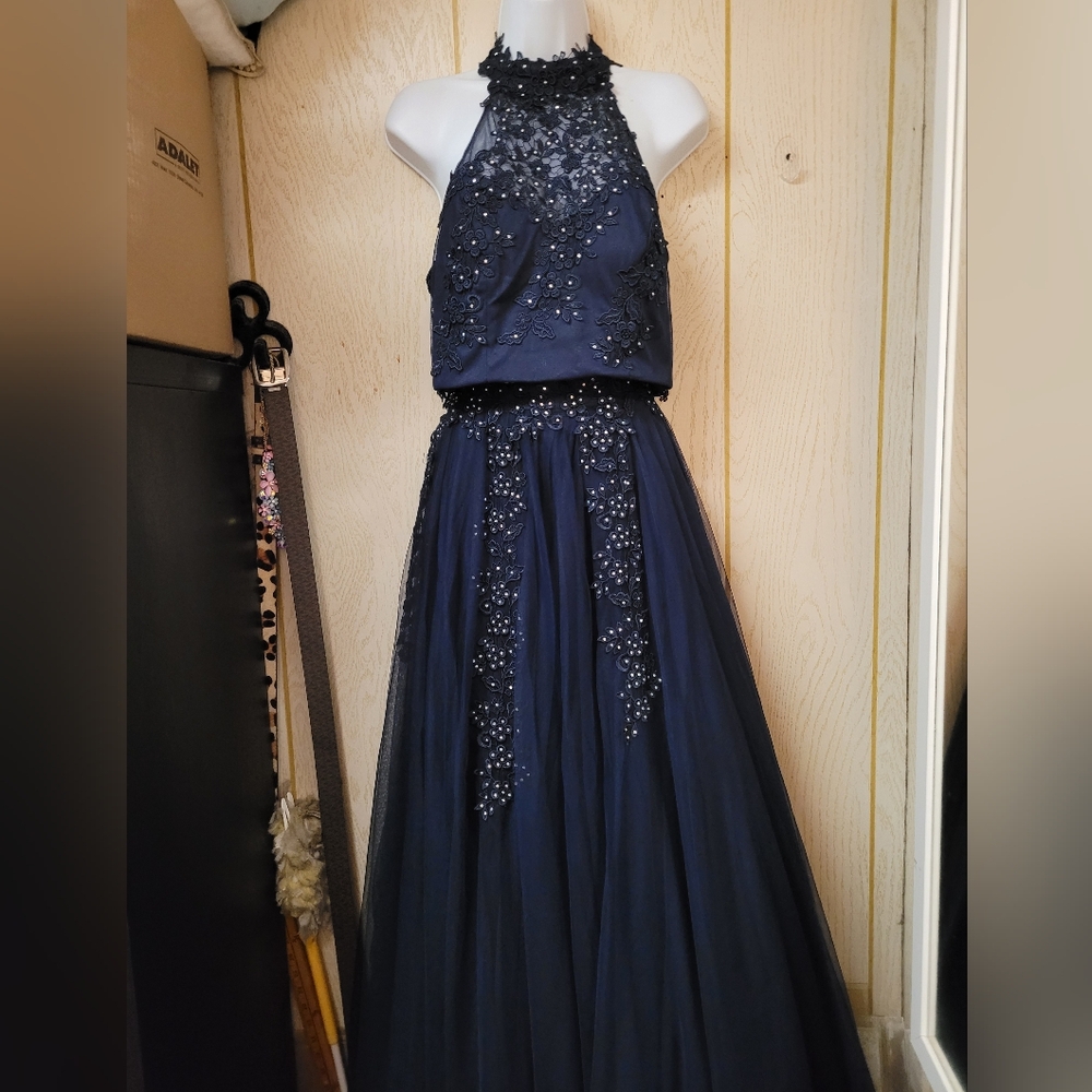 Elegant Navy Blue Beaded Gown